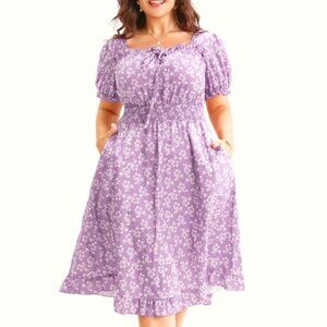 BloomChic Ditsy Floral Shirred Ties Square Neck Frill Trim Puff Sleeve Dress